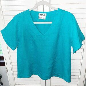 Flax 100% Linen Short Sleeve V- Neck Top Blouse Women’s Turquoise Small